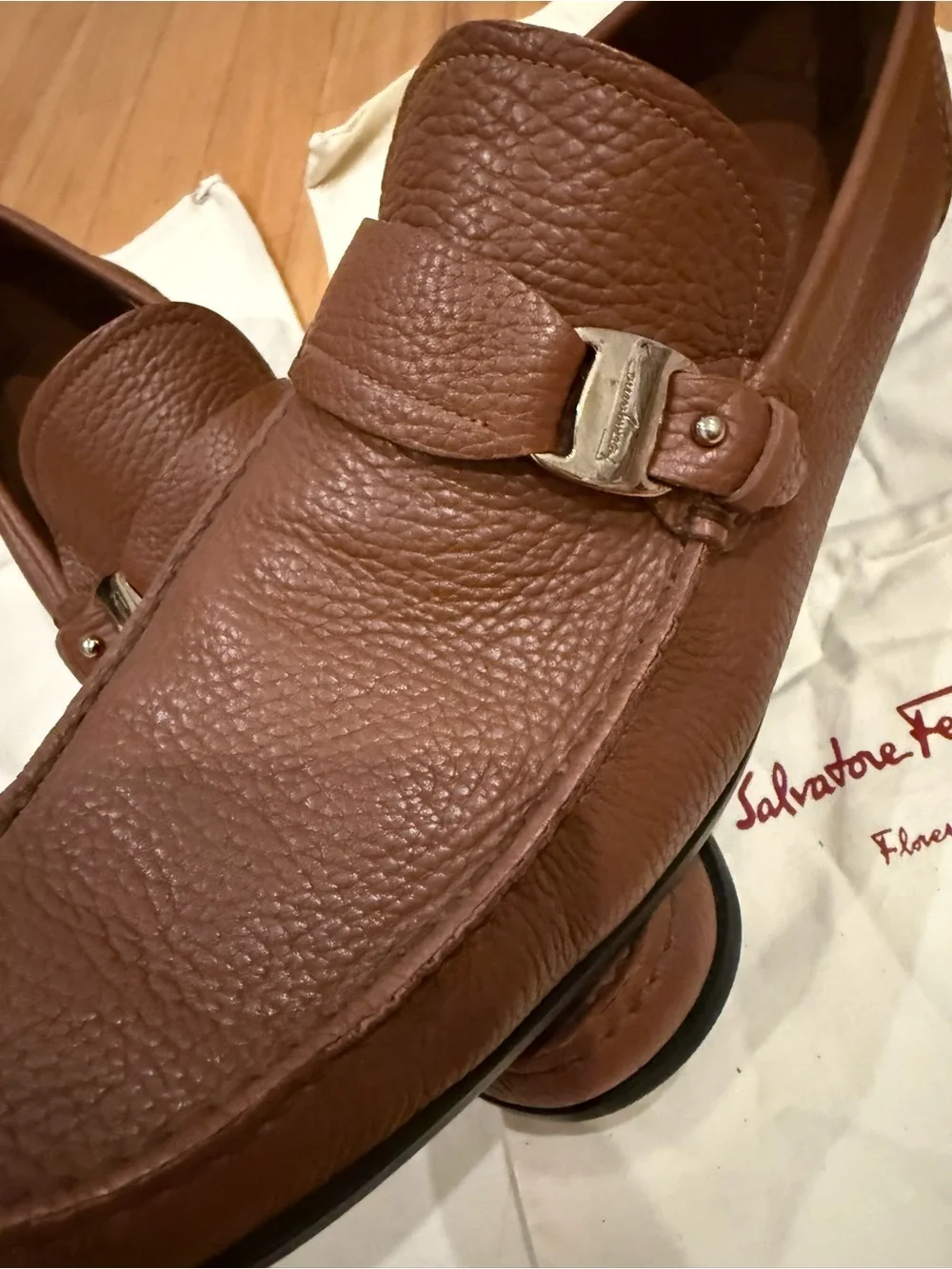 Salvatore Ferragamo Chestnut Brown Pebbled Leather Bit Loafers